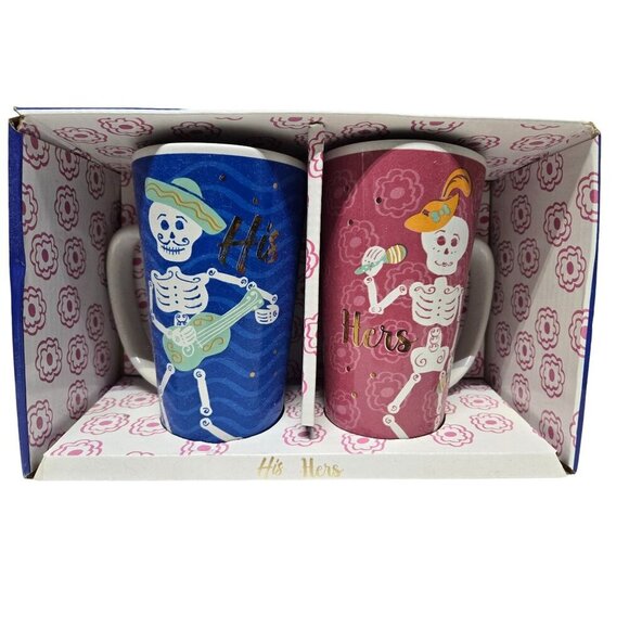 His &‎ Hers Skeleton Coffee Mugs Ceramic 16 oz Dia de Los Muertos Design - Picture 1 of 9